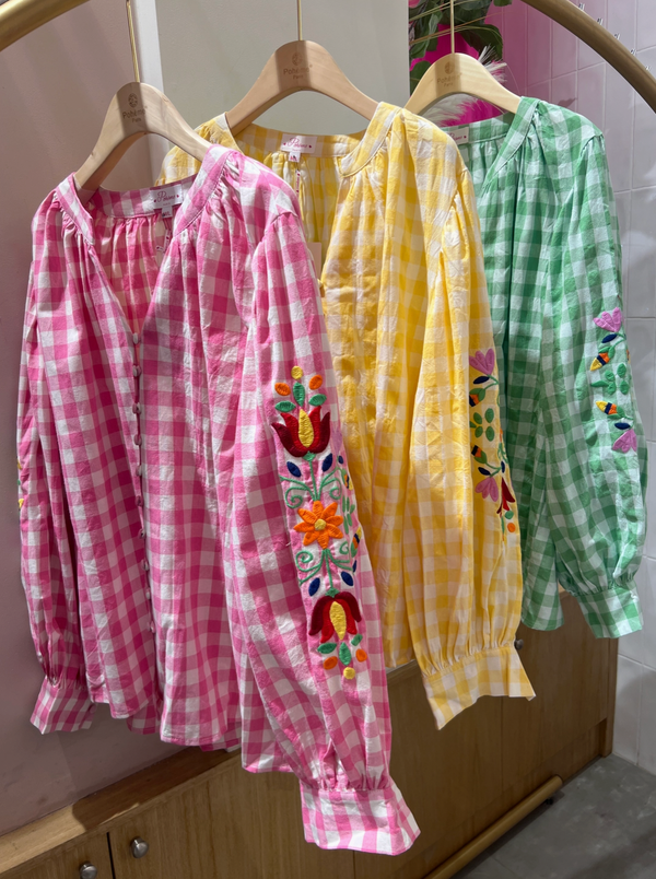 Check Blouse w/Embroidered Sleeve