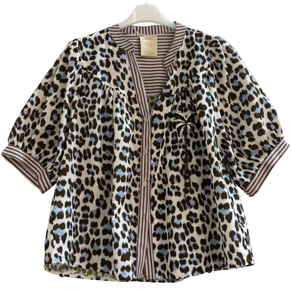 Leopard print boho top with palm tree and striped trim