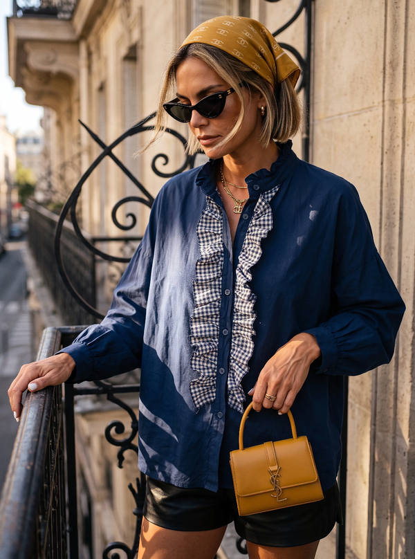 The Veronique Ruffle Trim Blouse in Midnight Blue
