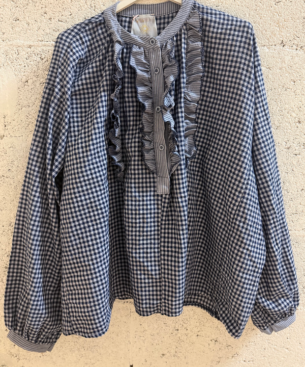 The Chloé Gingham Ruffle Blouse in Navy and White