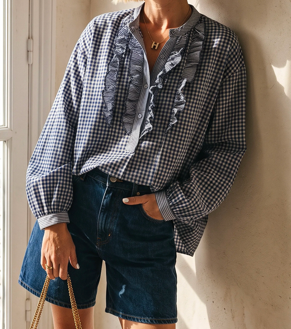 The Chloé Gingham Ruffle Blouse in Navy and White