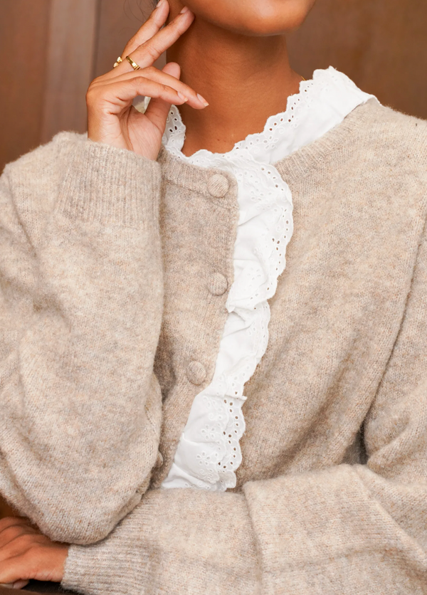 Cream Ruffle Trim Knit Cardigan Top