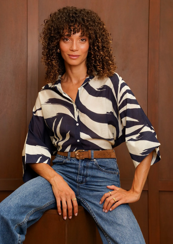 Zebra Print Relaxed-Fit Button-Down Blouse