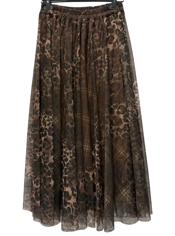 Leopard print skirt with some tartan areas mixed in, made from Tuille.