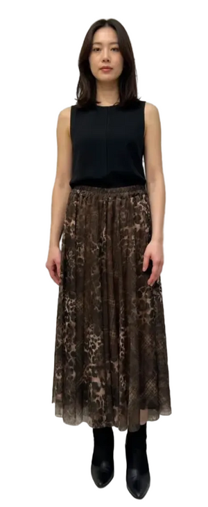 Leopard print skirt with some tartan areas mixed in, made from Tuille.