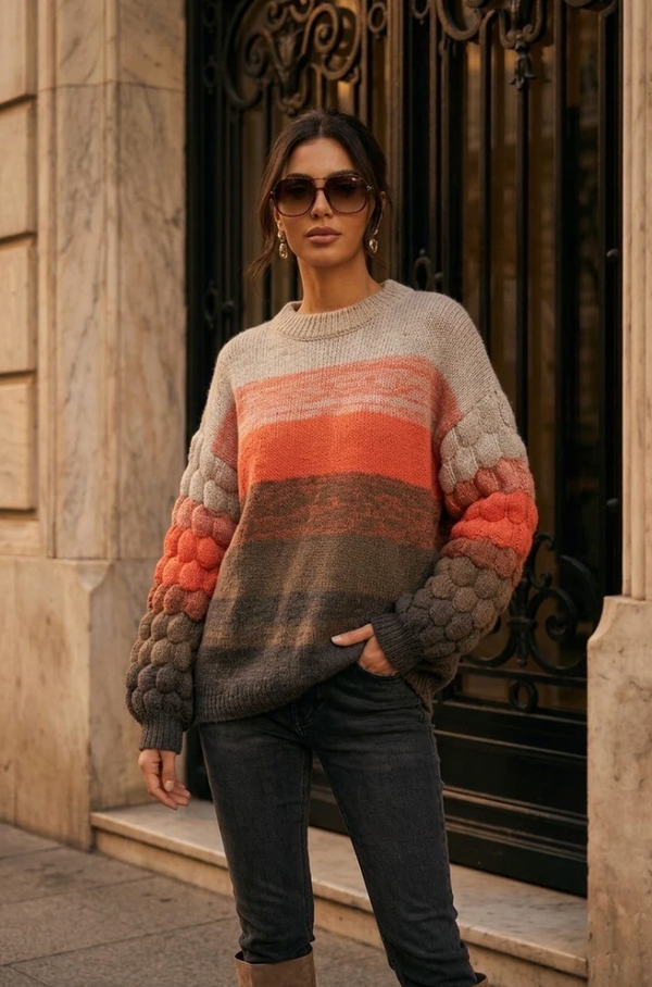 Colour-Block Striped Sweater/Bubble Sleeves