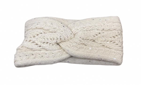 An off-white knit headband with a twisted knot design and small silver sequins, shown on a plain white background.