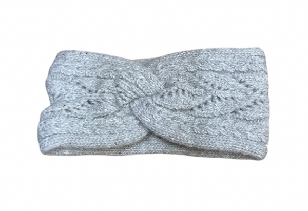 A light gray knitted headband with a twisted knot detail in the center, shown flat against a white background.