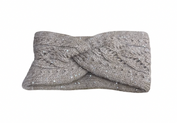 A gray cable-knit twist-front headband with small silver sequins, shown flat against a white background.