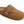 Load image into Gallery viewer, A single tan suede clog-style mule shoe with a silver buckle strap, shown from a three-quarters angle on a white background.
