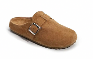A single tan suede clog-style mule shoe with a silver buckle strap, shown from a three-quarters angle on a white background.