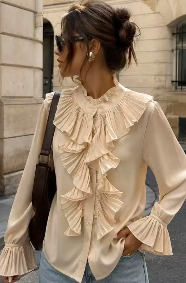 Pleated Ruffle Blouse with Victorian Collar