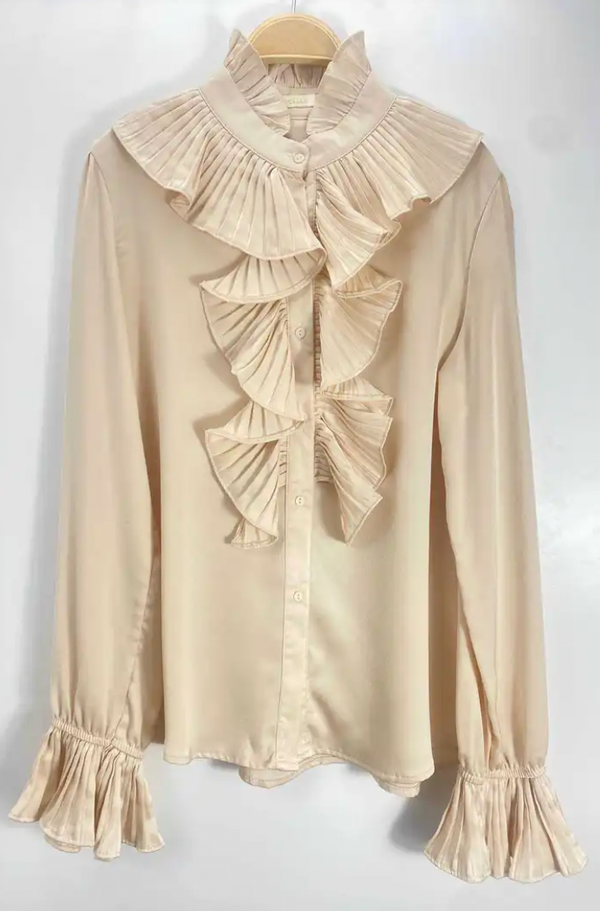 Pleated Ruffle Blouse with Victorian Collar