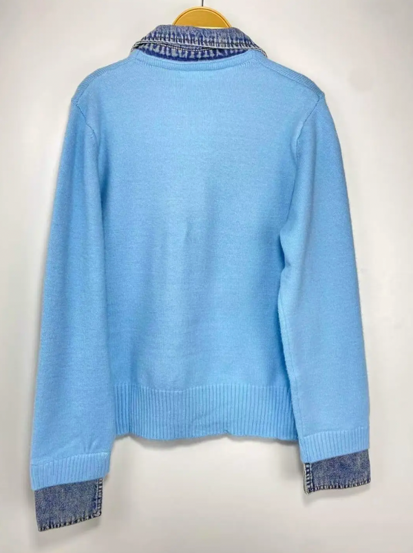 A light blue knit cardigan sweater with contrasting blue and white patterned collar, cuffs, and hem, hanging on a wooden hanger against a plain white wall.