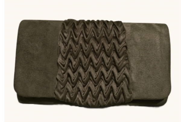 An olive green clutch purse featuring a central, heavily textured chevron-patterned panel with ruched detailing, set against a plain off-white background.