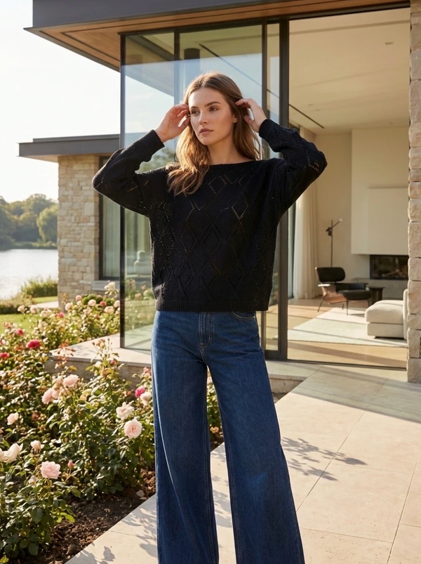 Black Diamond Crochet Knit Sweater