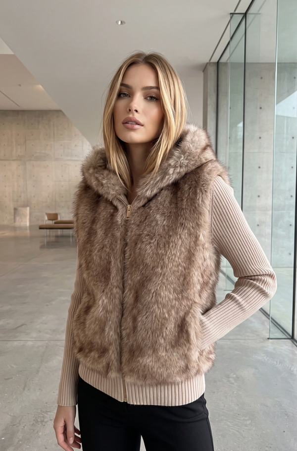 Faux Fur Hooded Knit Bomber Jacket – Cream Cable Knit Combo Cardigan