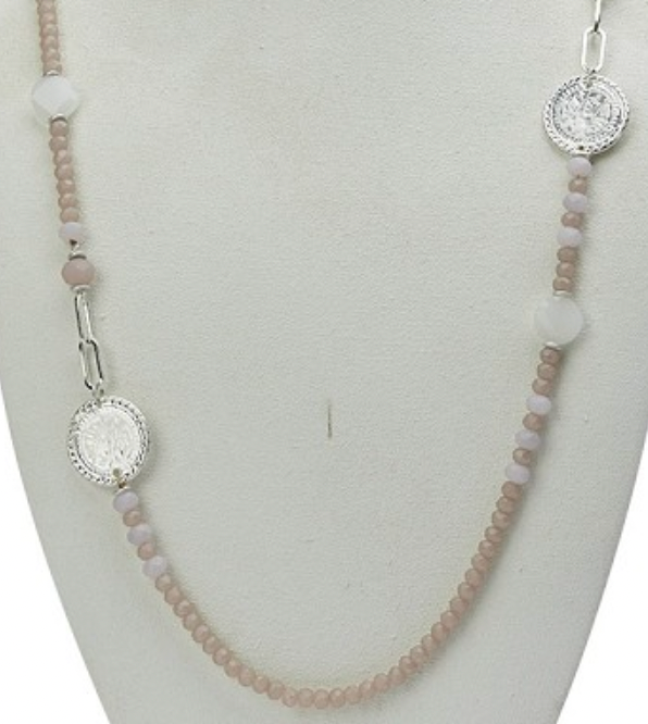 Pink Bead & Silver Medal Necklace