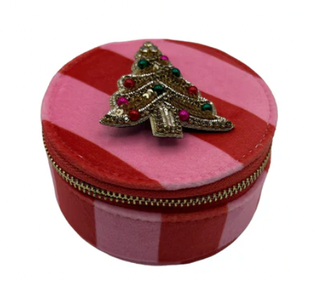 Sixton London Jewellery travel pot bright pink- recycled velvet with bumblebee