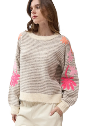 Woman wearing a beige sweater with pink floral patterns on a white background
