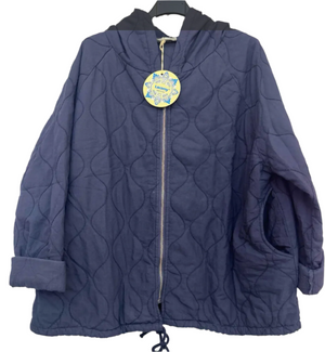 Blue quilted jacket on a hanger with a visible brand tag against a light background