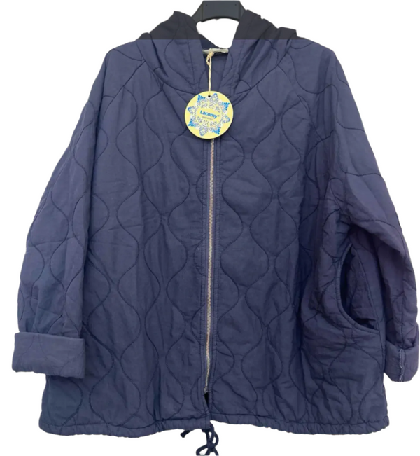 Blue quilted jacket on a hanger with a visible brand tag against a light background