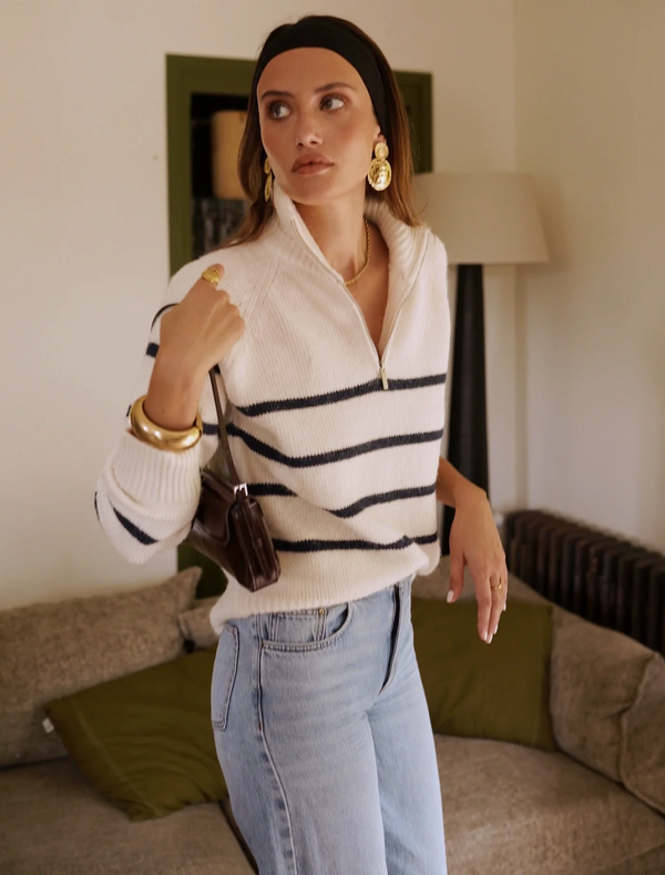 Striped Zipped Neck Sweater