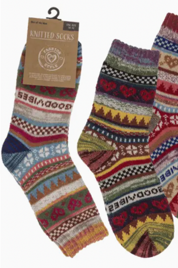 Colorful knitted socks with a pattern on a white background