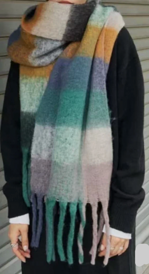 Multicolored blanket scarf with teal, blue and mustard colour