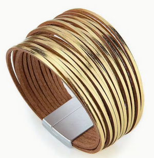 Multistrand leather bracelet with a metal clasp on a white background