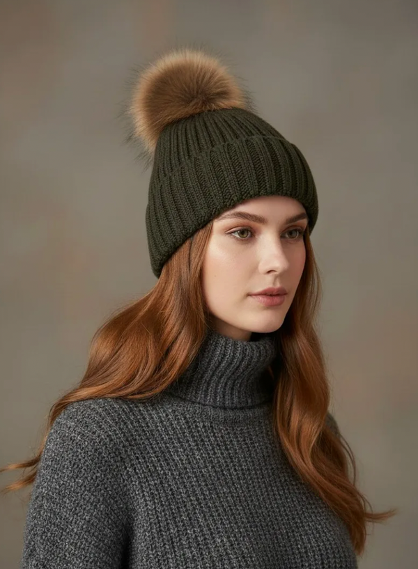 Beanie w/Raccoon Fur Pom-Pom