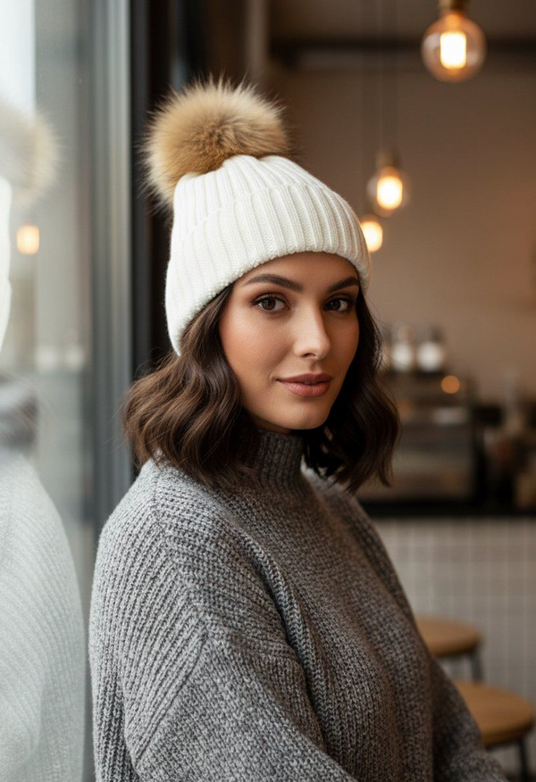 Beanie w/Raccoon Fur Pom-Pom