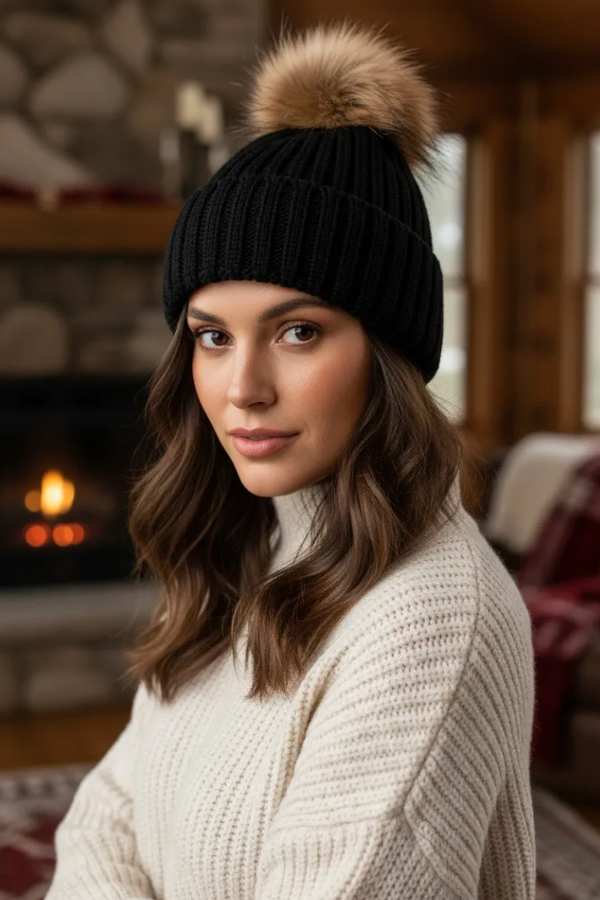 Beanie w/Raccoon Fur Pom-Pom