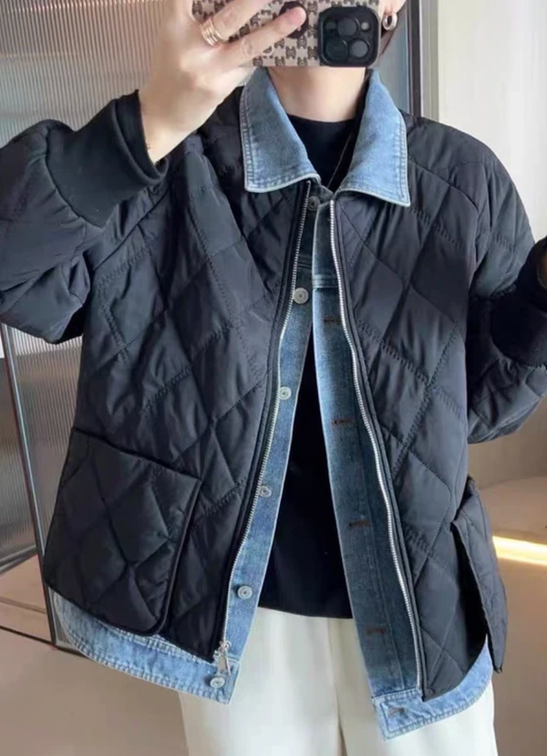 Oversized Quilted Jacket wDenim Collar
