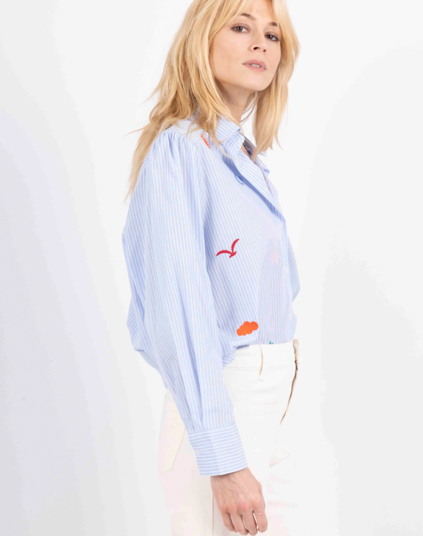 Striped Blue Shirt w/Embroidered Details
