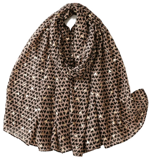 Taupe scarf with heart print and gold foil