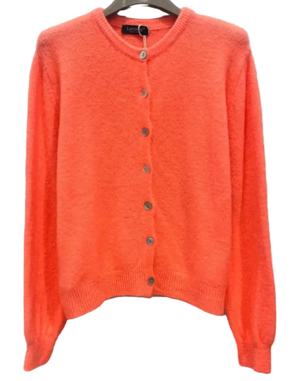 Round neck baby alpaca cardigan in coral