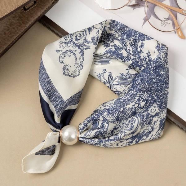 Magnetic Pearl Scarf with Pastoral Blue Toile Print