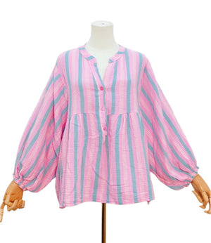 Cotton Striped Blouse w/Puff Sleeve