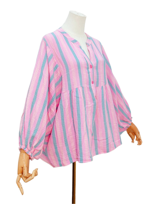 Cotton Striped Blouse w/Puff Sleeve