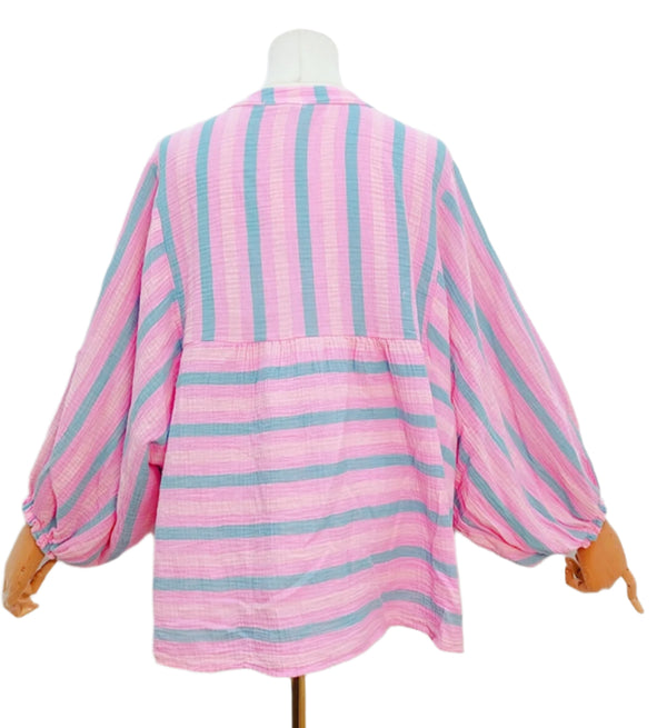 Cotton Striped Blouse w/Puff Sleeve