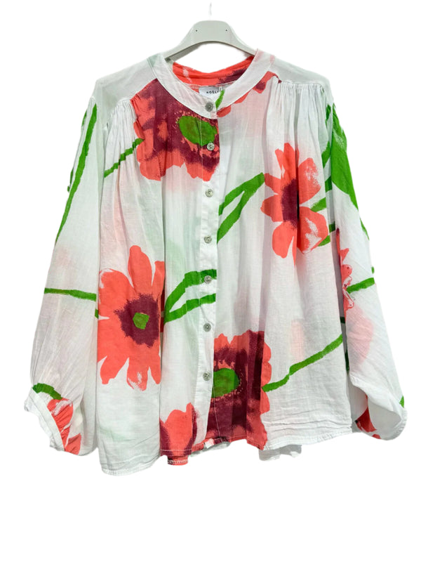 Cotton Flower Top coral and green