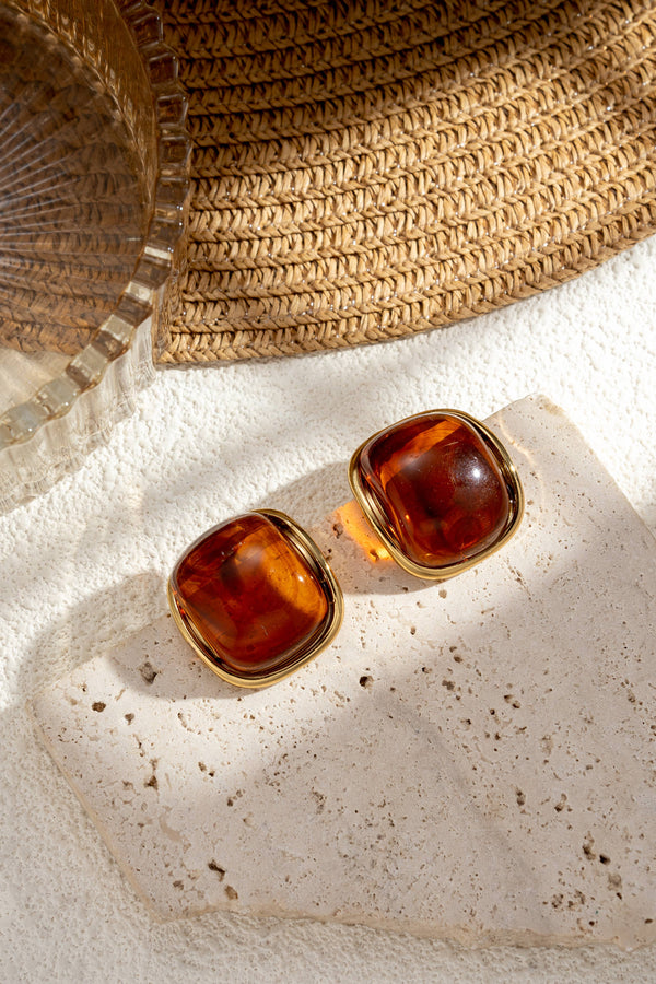 Set of 6 pairs of chic women's square colored resin gold-tone earrings