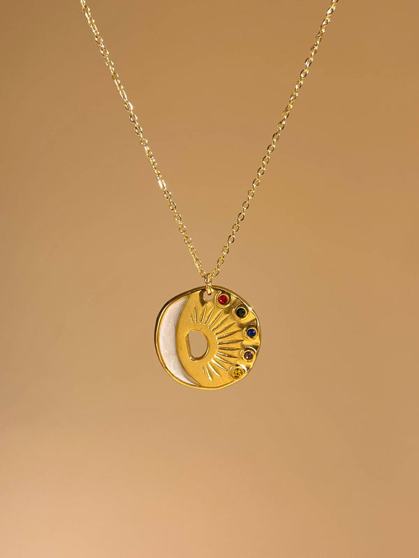 Celestial Shine Sun and Moon Mother-of-Pearl Necklace in Steel