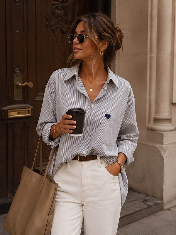 Oversized Striped Button-Down Shirt w/Heart