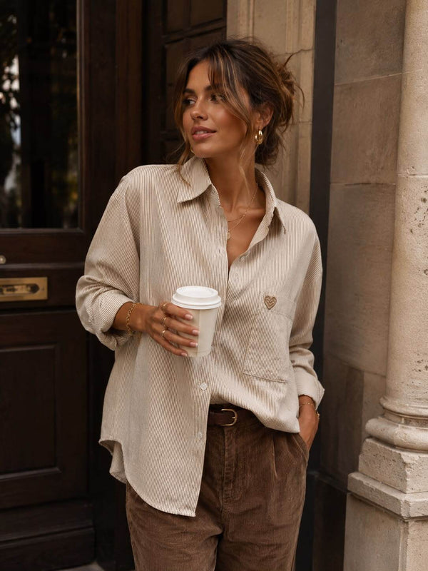 Oversized Striped Button-Down Shirt w/Heart