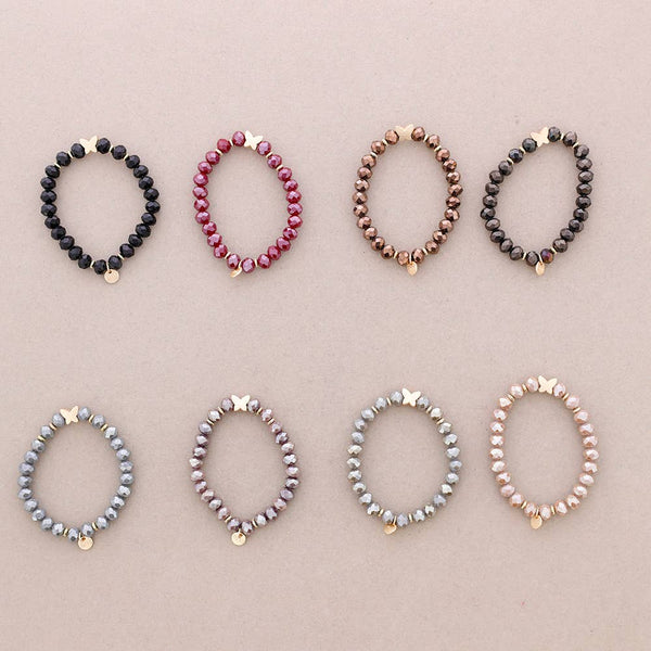 Elastic Bracelet with Faceted Crystal Butterfly Metal