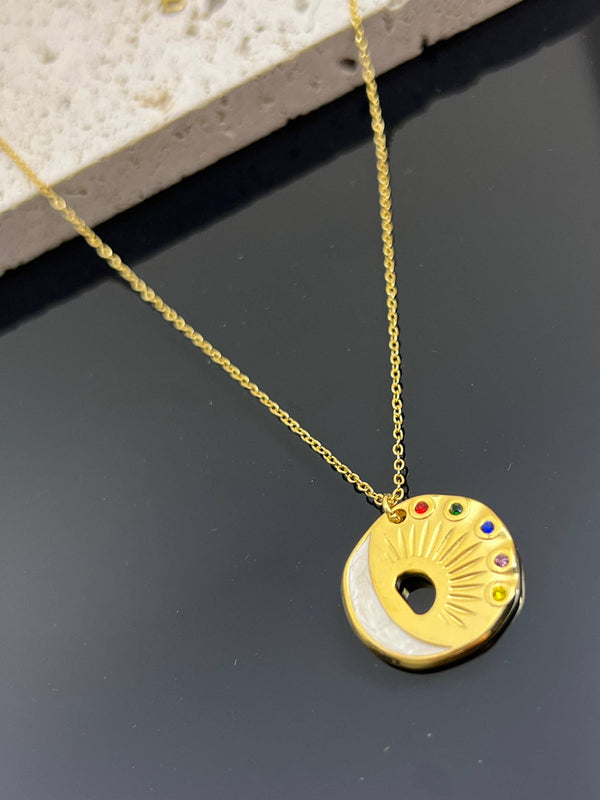 Celestial Shine Sun and Moon Mother-of-Pearl Necklace in Steel