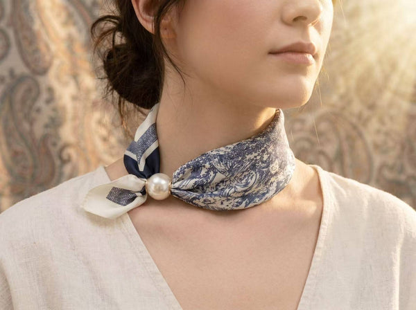 Magnetic Pearl Scarf with Pastoral Blue Toile Print
