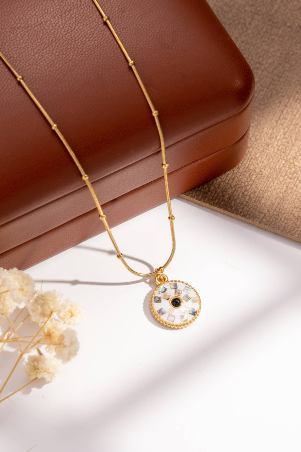Set of 2 round mosaic necklaces in black, white and gold stainless steel